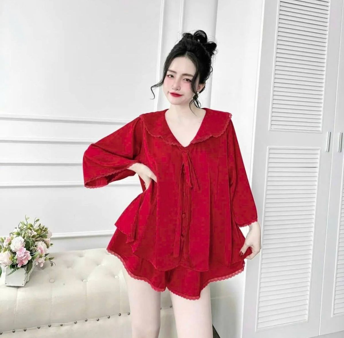 Đồ Ngủ Tiểu Thư Lụa Latin - Bộ Tay Lỡ Quần Cộc Dễ Thương - 45-80kg