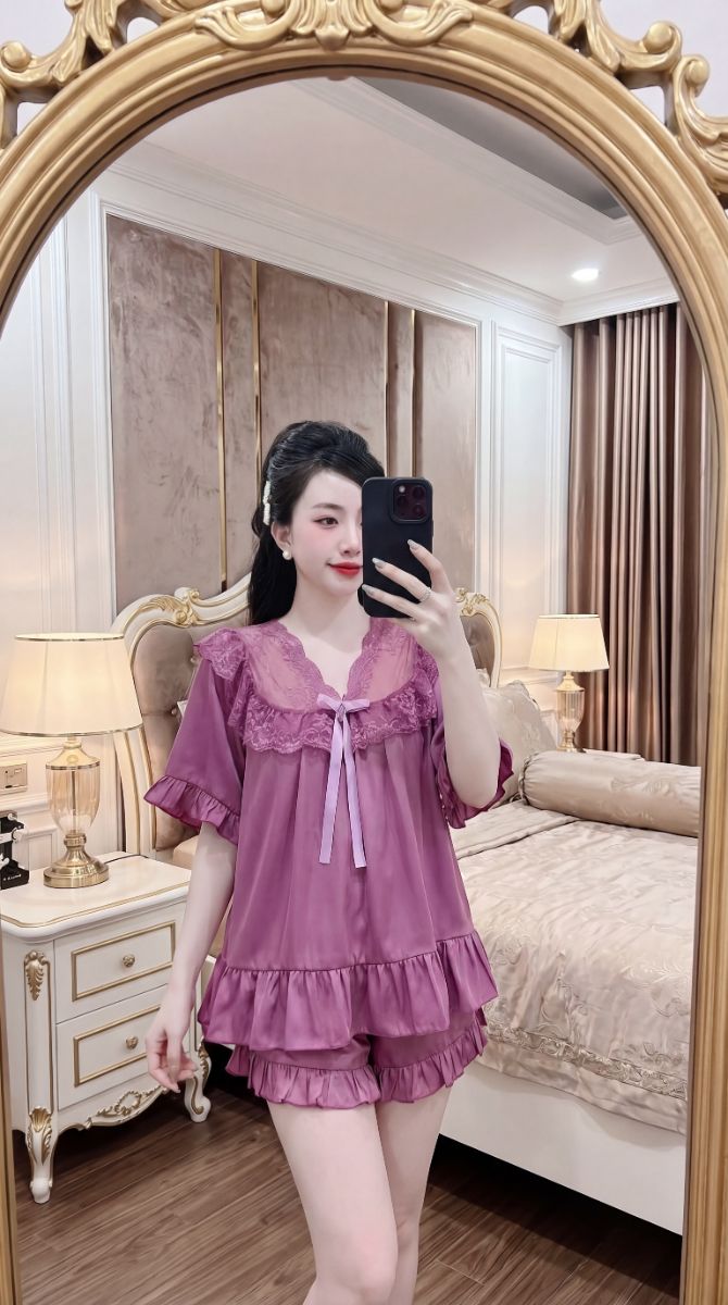 Đồ Ngủ Tiểu Thư Lụa Latin - Bộ Tay Ngắn Quần Cộc Dễ Thương - 45-80kg
